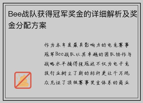 Bee战队获得冠军奖金的详细解析及奖金分配方案